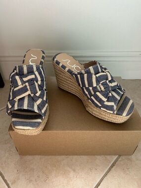 Striped Navy and Cream Wedge Sandals - Women's Espadrille Slide